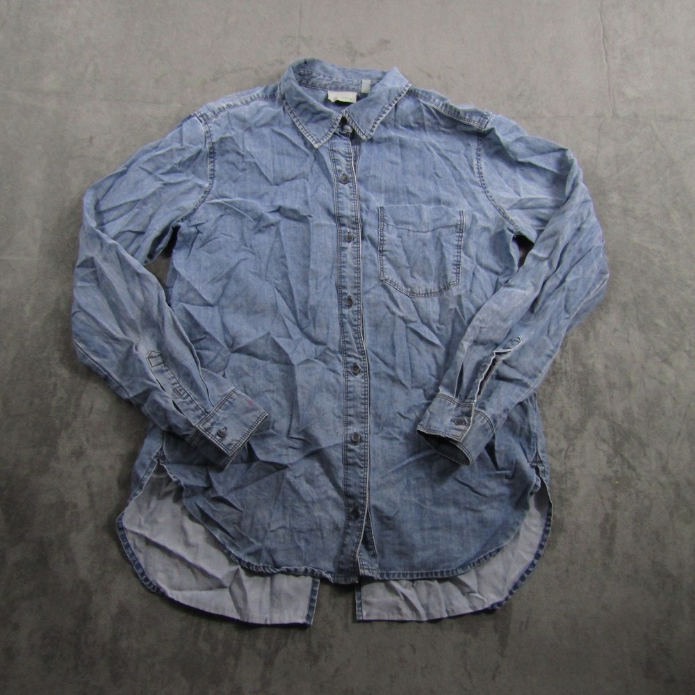 Athleta Button Down Shirt Women Small Blue Tencel Lyocell Split Back Chambray